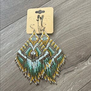 Handcrafted Beaded Earrings - Green, Yellow, Brown